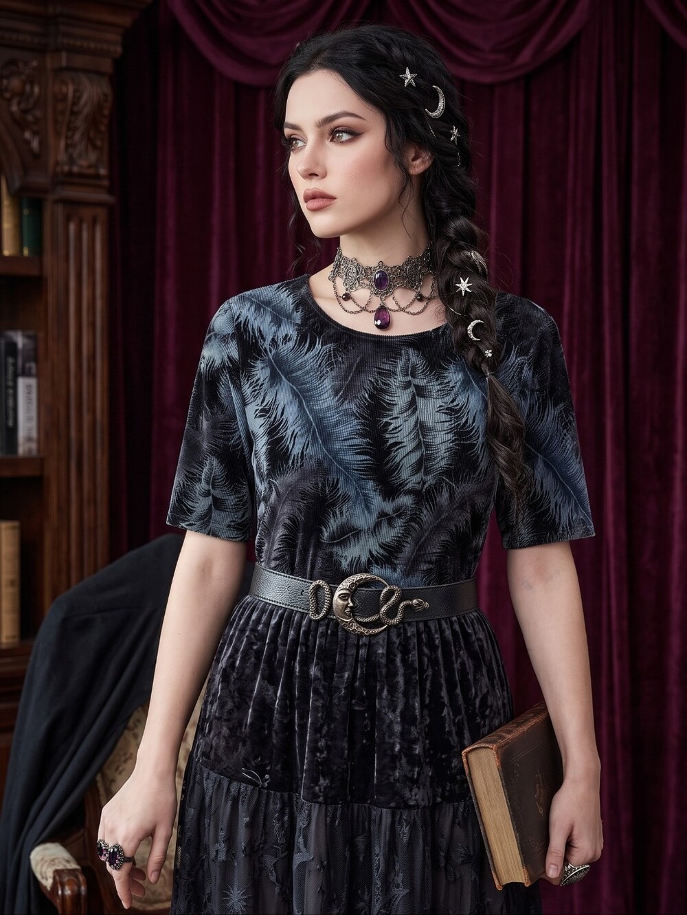 Vintage Velvet Ribbed Feather Print Top Whimsigoth Dark Romance Goth